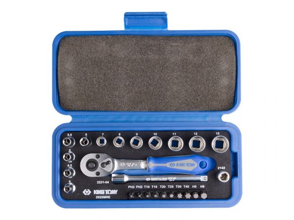 Набір інструментів 25 одиниць 1/4" (головки, біти, трищітка, подовжувач) в пластиковому кейсі (уп.1)