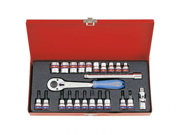 Набір головок 3/8" 12-гр дюйм, подовжувач, трищітка, кардан в металевому кейсі