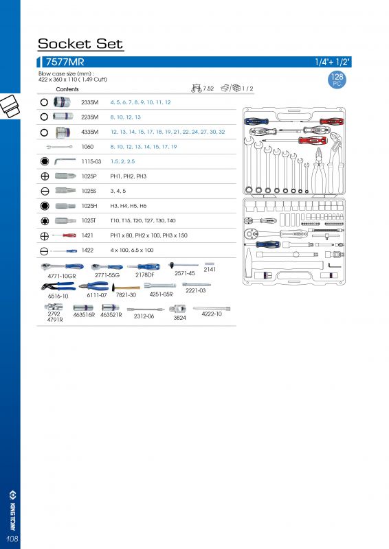 Набір інструментів 77 одиниць 1/4"+1/2" в пластиковому кейсі