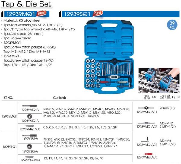 Набір мітчиків та плашок дюймових 39 одиниць з принаддям в пластиковому кейсі