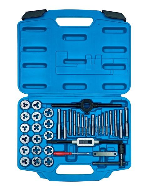 Набір метчиків та плашек метричних 39 одиниць М3-М12 з принаддям в пластиковому кейсі Набір метчиків та плашек метричних 39 одиниць М3-М12 з принаддям в пластиковому кейсі