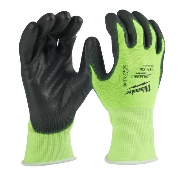 Рукавиці робочі сигнальні Hi-Vis MILWAUKEE, з опором порізам 1/A рівня, розмір 11/XXL