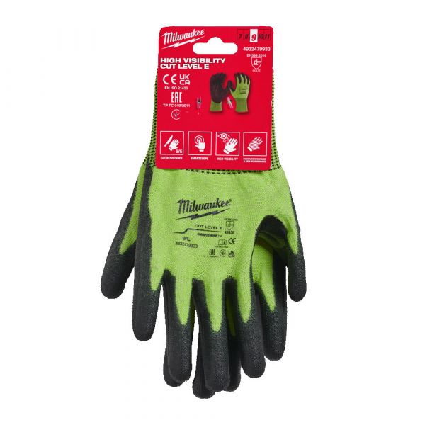 Рукавиці робочі сигнальні Hi-Vis MILWAUKEE, з опором порізам 5/E рівня, розмір 9/L