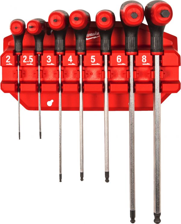 Набір ключів Г-образних MILWAUKEE з комфортною ручкою, Hex з кулькою, (2/2,5/3/4/5/6/8мм) (7шт) пластиковий холдер