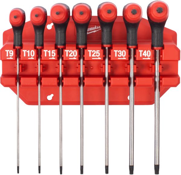 Набір ключів Г-образних MILWAUKEE з комфортною ручкою, Hex з кулькою, (T9/T10/T15/T20 /T25/T30/T40) (7шт) пластиковий холдер