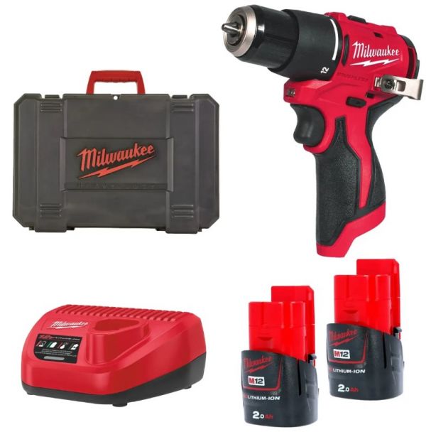 Дриль-шуруповерт акумуляторна безщіткова ударна MILWAUKEE, M12 BLPDRC-202С (40Нм) (зарядний пристрій, 2 акум.Х2Аг, кейс)