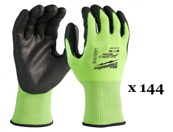 Рукавиці робочі сигнальні Hi-Vis MILWAUKEE, з опором порізам 3/C рівня, розмір 11/XXL, (144 пари)