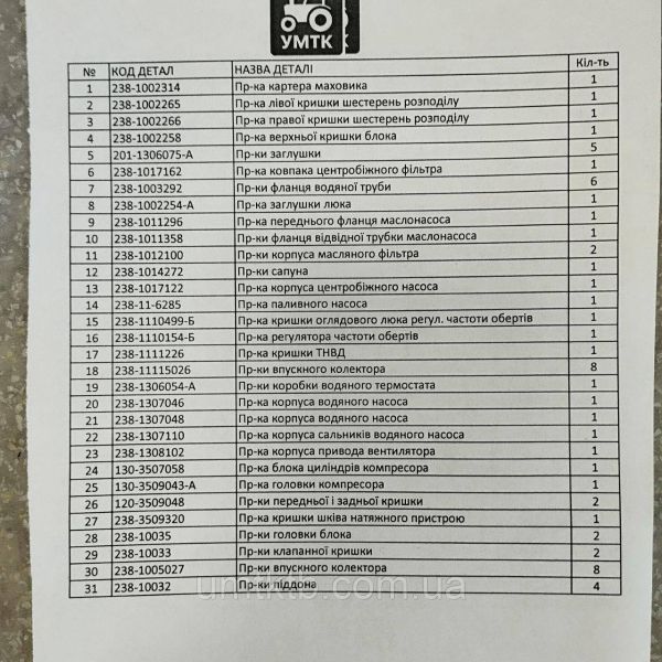Комплект прокладок двигателя ЯМЗ-236 без РТИ н.о. (светлая резинопробка)