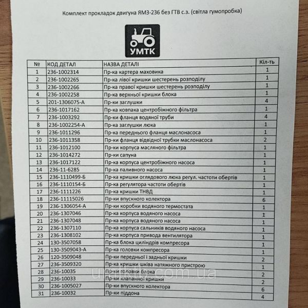 Комплект прокладок двигателя ЯМЗ-236 без РТИ с.о. (светлая резинопробка)