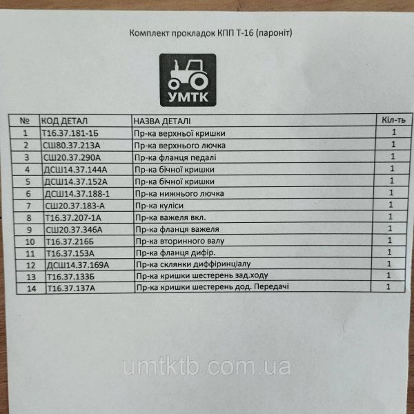 Комплект прокладок КПП Т-16 (паронит)