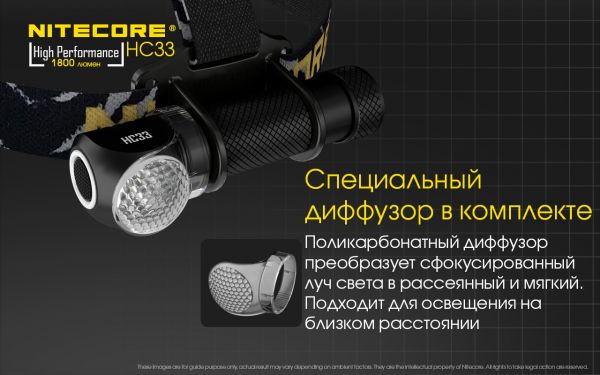 3в1 - Сверхмощный налобный, ручной + кемпинговый фонарь Nitecore HC33 (Cree XHP35 HD, 1800 люмен, 8 режимов, 1x18650, диффузор, магнит)