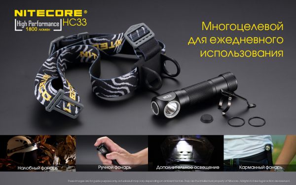 3в1 - Сверхмощный налобный, ручной + кемпинговый фонарь Nitecore HC33 (Cree XHP35 HD, 1800 люмен, 8 режимов, 1x18650, диффузор, магнит)