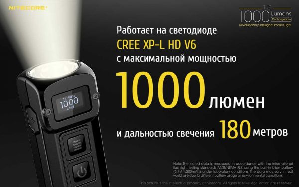 Фонарь наключный Nitecore TUP (Cree XP-L HD V6, 1000 люмен, 5 режимов, USB), черный