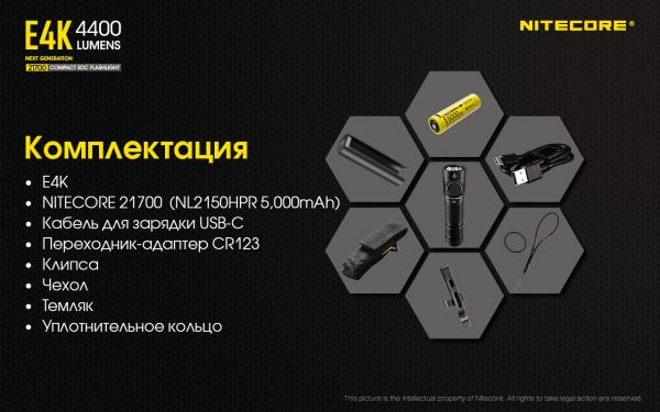 Фонарь Nitecore E4K (Cree XP-L2 V6 LED, 4400 люмен, 8 режимов, 1x21700), комплект