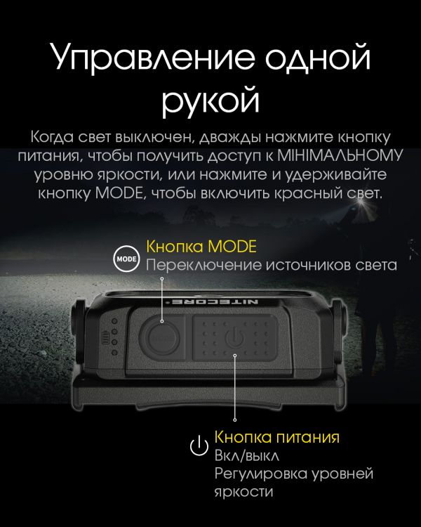 Фонарь налобный Nitecore NU25 NEW (400 люмен, 12 режимов, USB-C), черный