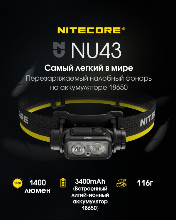 Фонарь налобный Nitecore NU43 (Белый + Красный LED, 1400 люмен, 9 режимов, 1x18650, USB-C, датчик приближения)